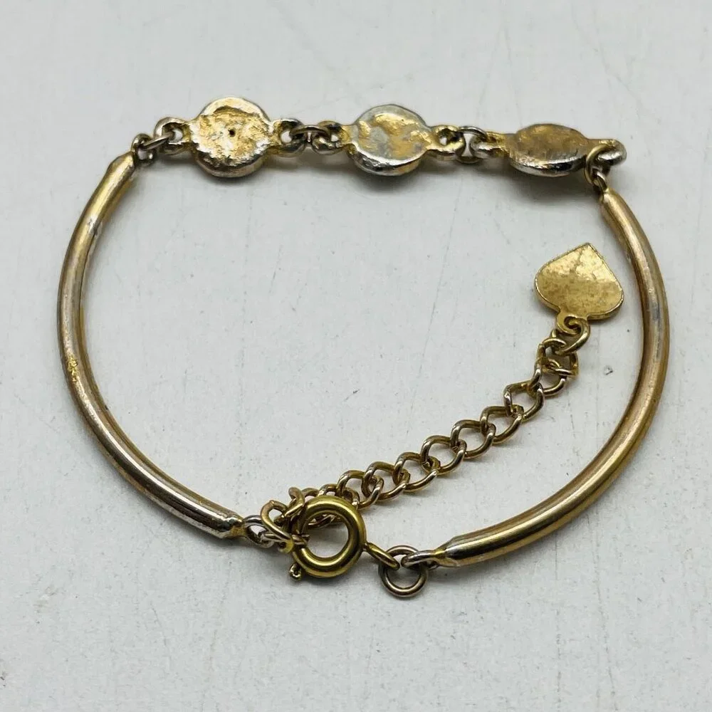 Gold Tone Bracelet With Clear Rhinestones and Heart Charm Vintage